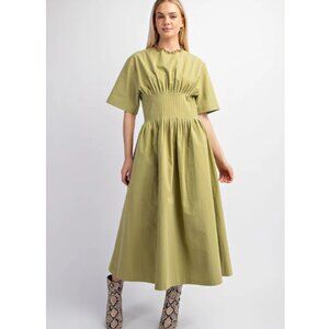 GiGio Olive Green Pintuck Waist Midi Dress